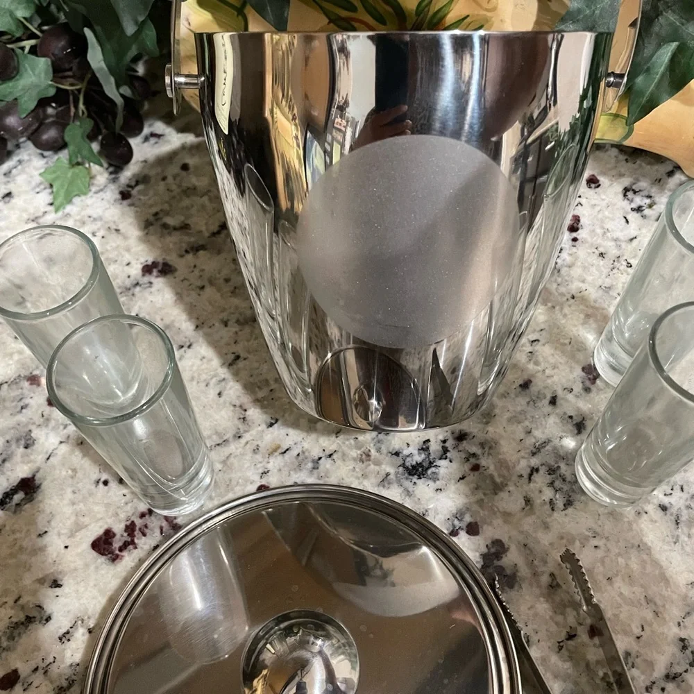 Oggi Elegant Stainless Steel Ice Bucket Set w Tongs and 4 highball glasses NEW